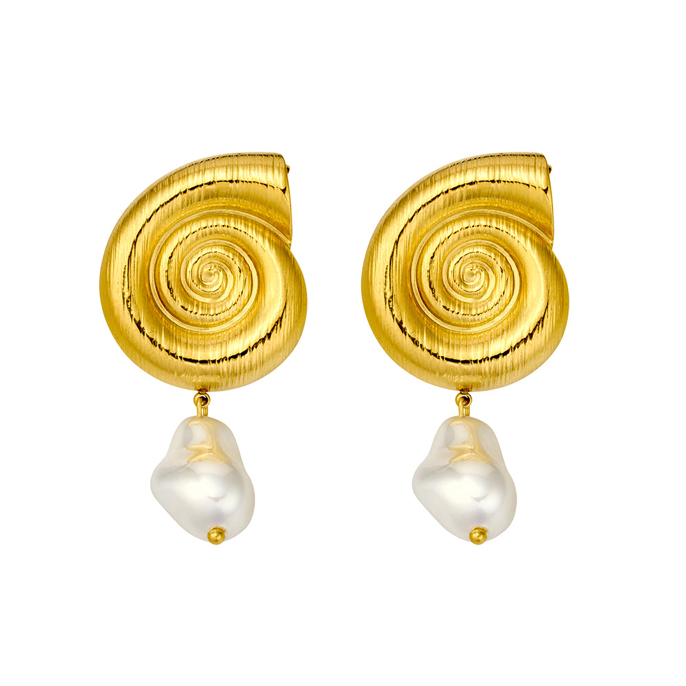 Spiral Shell Pearl Drop Earrings