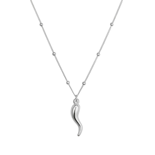 Sterling silver curb satellite chain necklace with Cornicello pendant