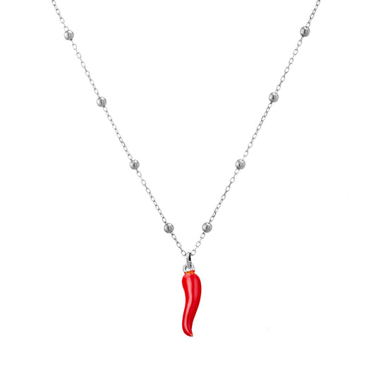 Sterling silver satellite chain necklace with “spicy red” Cornicello pendant
