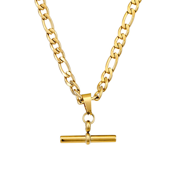 Lussèco Figaro Chain Necklace with T-Bar Pendant — gold stainless steel necklace