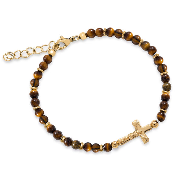 Cross Tiger Eye Bead Bracelet in gold