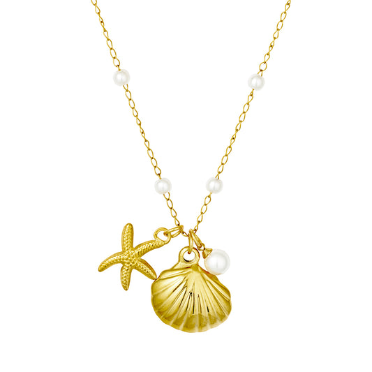 Seren stainless steel gold plated satellite pearl necklace with ocean charms