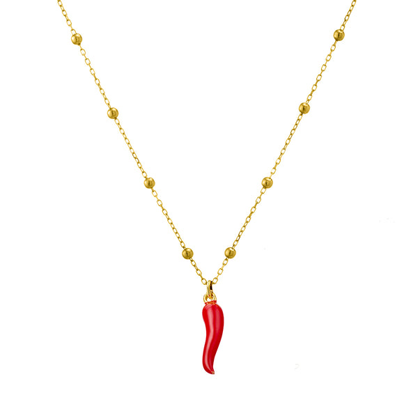 Sterling silver satellite chain necklace with “spicy red” Cornicello pendant