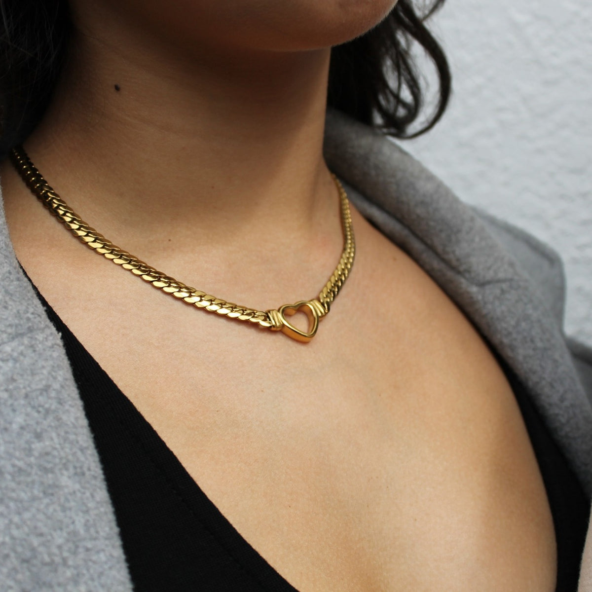 Aurelia Heart Chain in gold, worn at the collarbone (placeholder for The Daily Pair)