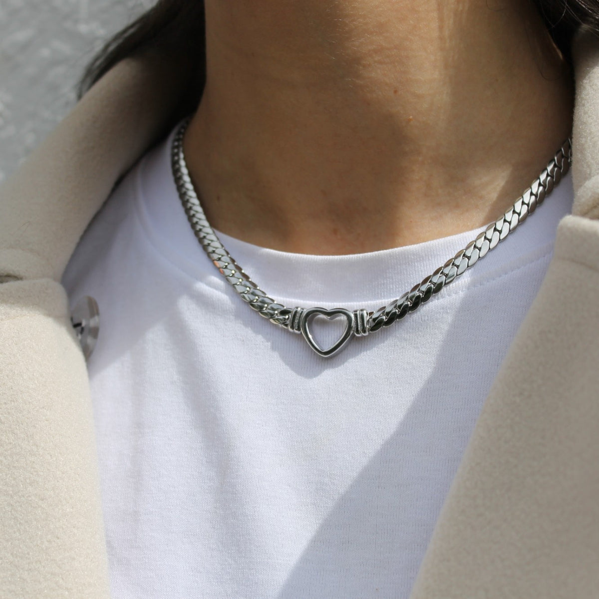 Aurelia Heart Chain in silver, worn at the collarbone (placeholder for The Daily Pair)